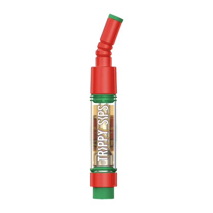 Centered vertical product shot of the Holiday Fruit Punch Diamond Vape Cartridge with a red angled mouthpiece and clear chamber labeled "TRIPPY SIPS" on a white background