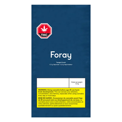 Centered front view of the blue packaging showing the Foray Tangie Crush Disposable Vape logo and THC warning labels.