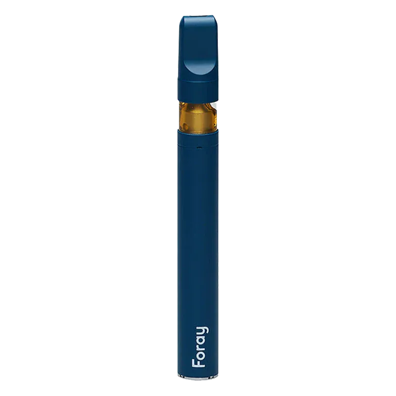 Straight-on view of a blue Tangie Crush Disposable Vape standing upright with a visible amber cartridge and "Foray" logo near the base.