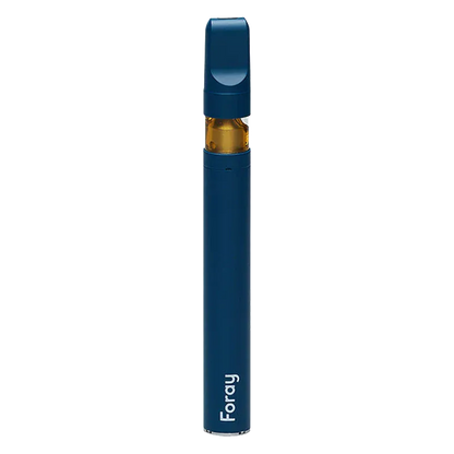 Straight-on view of a blue Tangie Crush Disposable Vape standing upright with a visible amber cartridge and "Foray" logo near the base.