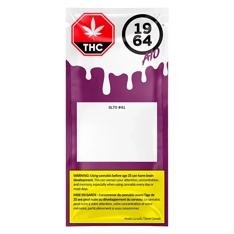 Straight-on view of the purple and white pouch labeled GLTO #41 FSE Resin Disposable Vape with a yellow THC warning box at the bottom