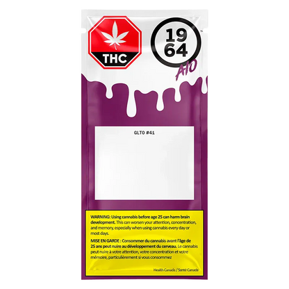 Straight-on view of the purple and white pouch labeled GLTO #41 FSE Resin Disposable Vape with a yellow THC warning box at the bottom