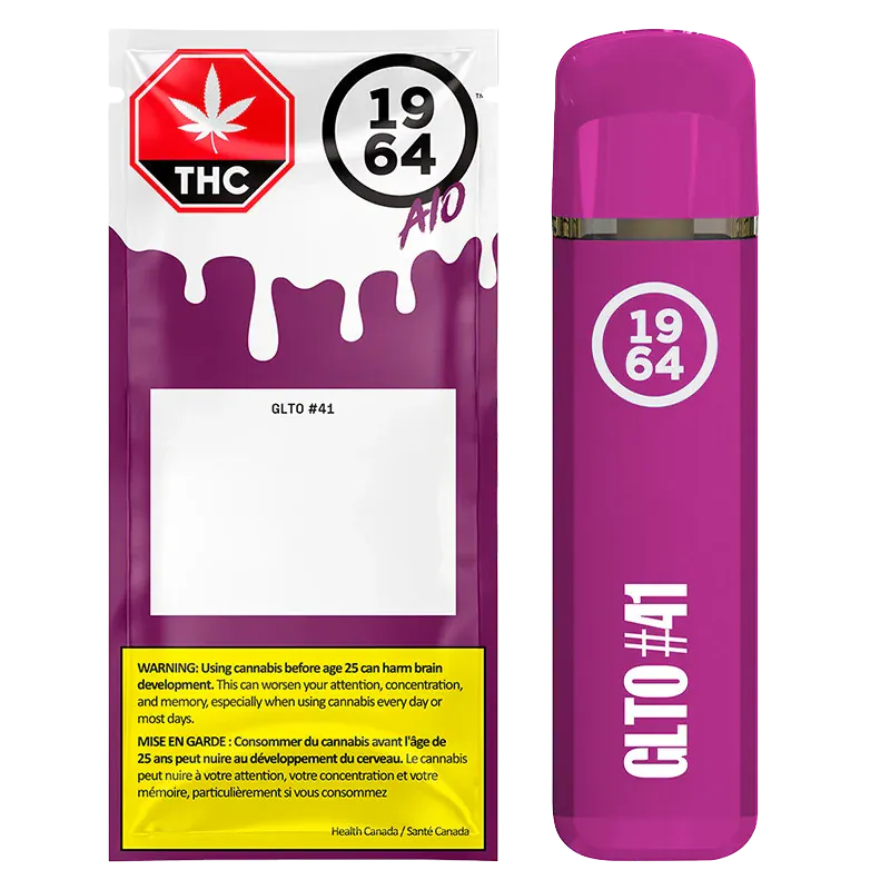 Front-facing image of a purple GLTO #41 FSE Resin Disposable Vape and its matching pouch, lit evenly against a white background.