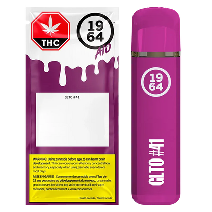 Front-facing image of a purple GLTO #41 FSE Resin Disposable Vape and its matching pouch, lit evenly against a white background.