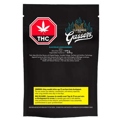 Rear view of the black pouch packaging showing the Claybourne Co. Gassers Blue Dream Liquid Diamonds Disposable Vape branding and THC warning label.