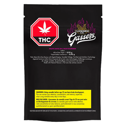 Front-facing black pouch with purple flame logo and white text reading Claybourne Co. Gassers Grape Gasolina Liquid Diamonds Disposable Vape and a red THC warning badge.