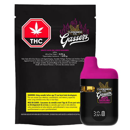 Product-front view of the Claybourne Co. Gassers Grape Gasolina Liquid Diamonds disposable vape with a magenta mouthpiece against its black branded pouch.
