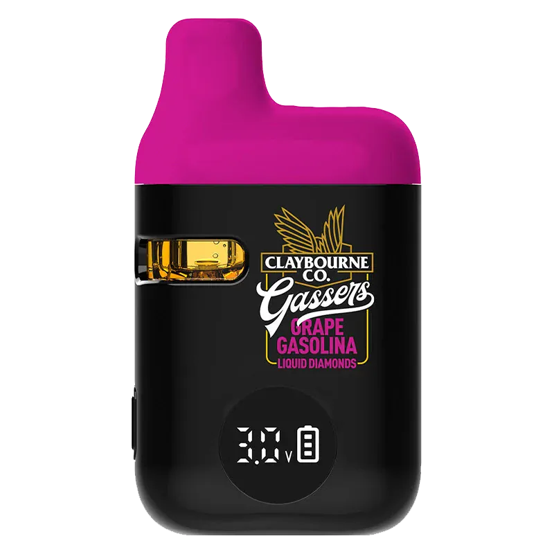 Front-facing view of the Gassers Grape Gasolina Liquid Diamonds Disposable Vape with a magenta top, black body, clear oil window and digital 3.0V display
