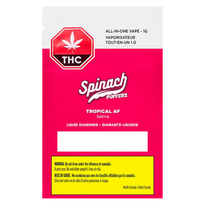 Flat front view of the pink packaging for Tropical AF Liquid Diamonds Disposable Vape by Spinach Pufferz, showing a white THC stop sign and yellow warning box.