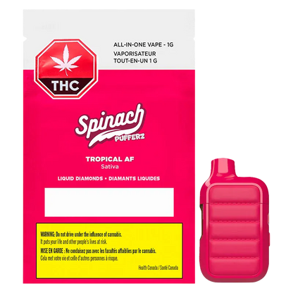 Front-facing shot of the Tropical AF Liquid Diamonds Disposable Vape packaging and matching pink 1 g device, shown against a white background.