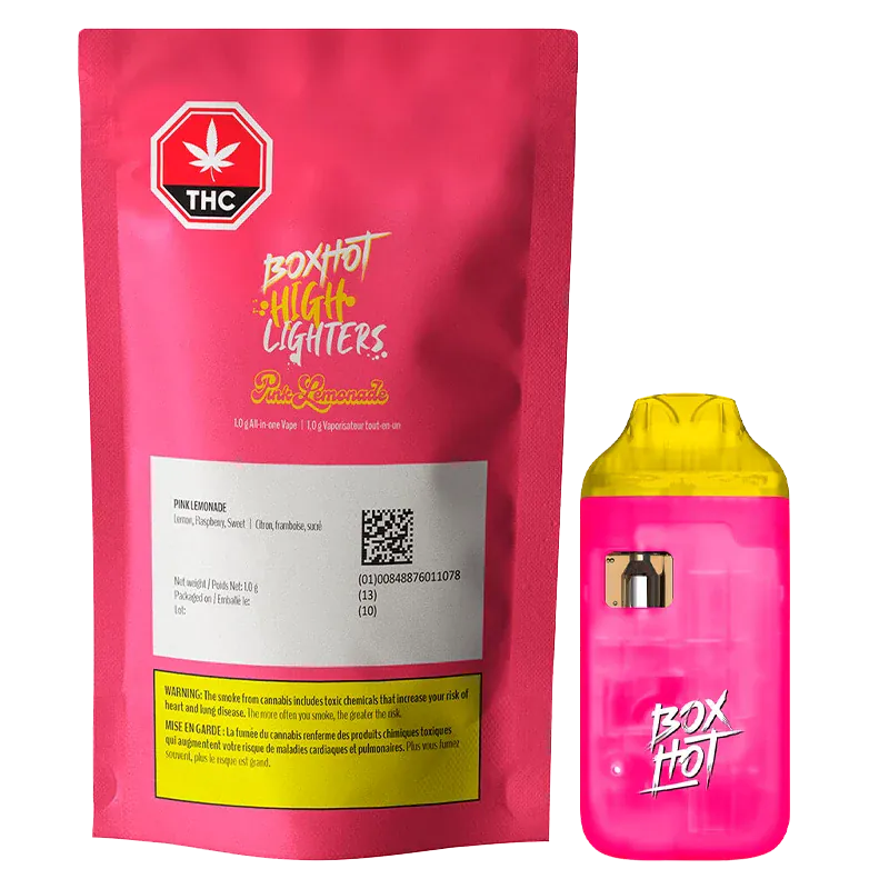 Front-facing photo of the Highlighters Pink Lemonade Disposable Vape pouch and matching pink-and-yellow device against a white background.