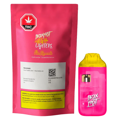 Front-facing photo of the Highlighters Pink Lemonade Disposable Vape pouch and matching pink-and-yellow device against a white background.