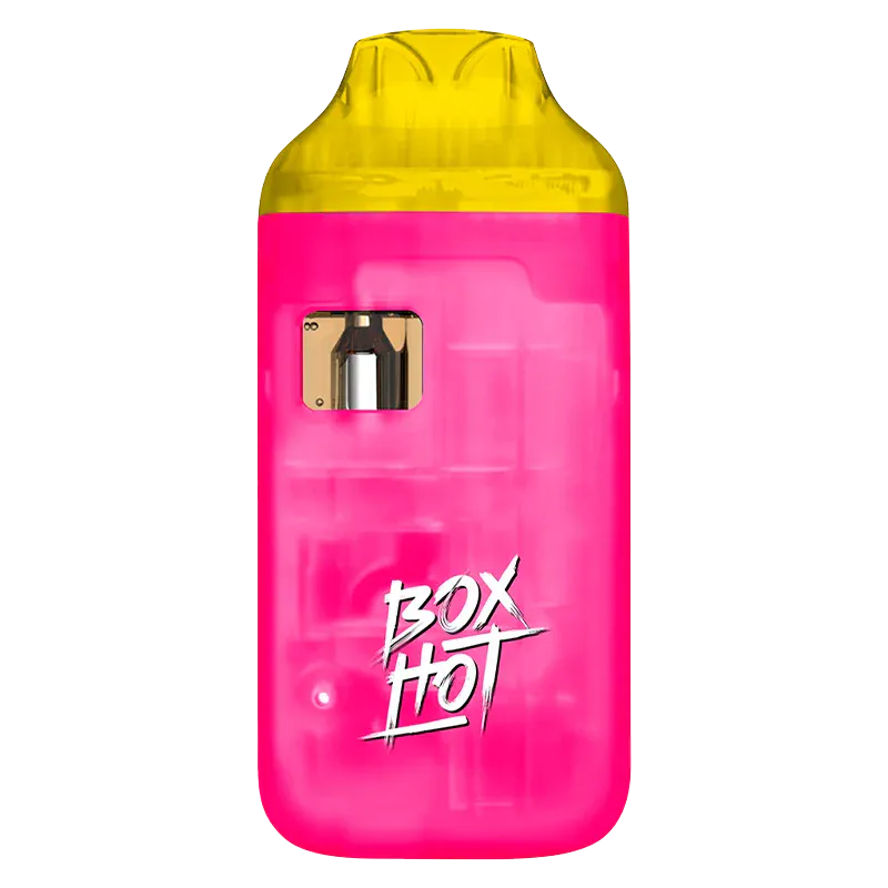 Front-facing image of a bright pink and yellow Highlighters Pink Lemonade Disposable Vape with a small viewing window and "BOX HOT" logo visible.