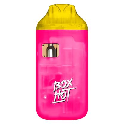 Front-facing image of a bright pink and yellow Highlighters Pink Lemonade Disposable Vape with a small viewing window and "BOX HOT" logo visible.