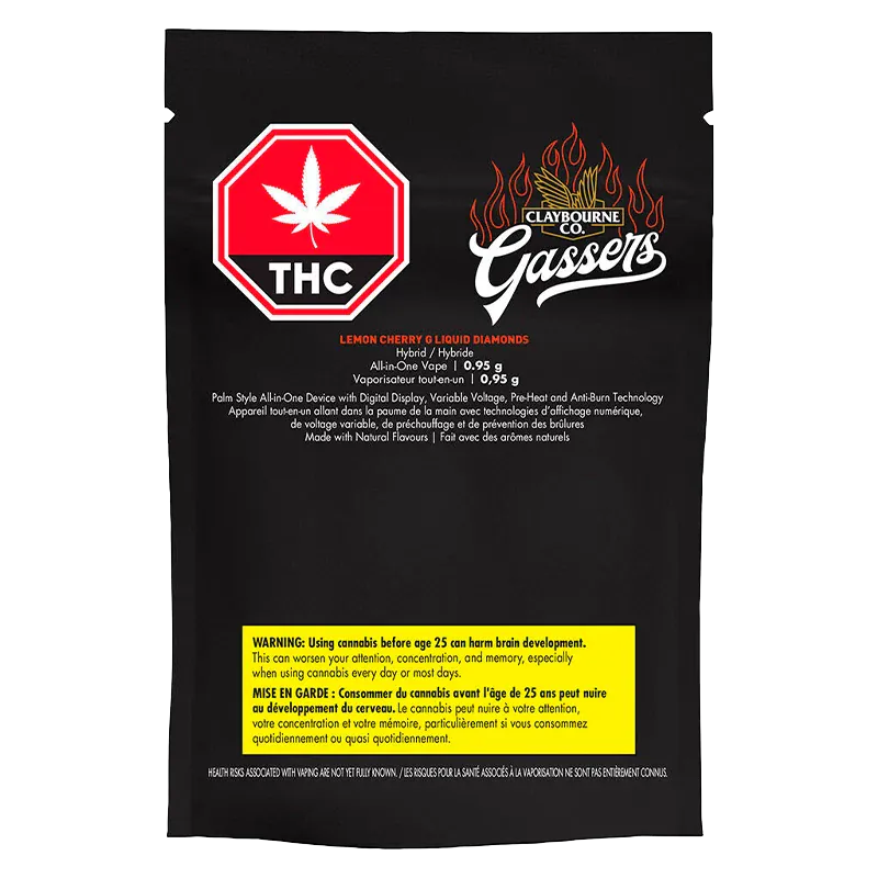 Rear view of the black pouch packaging for Gassers Lemon Cherry G Liquid Diamonds Disposable Vape showing a red THC stop-sign logo, flaming "Gassers" script, and a yellow health warning.