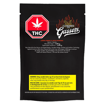 Rear view of the black pouch packaging for Gassers Lemon Cherry G Liquid Diamonds Disposable Vape showing a red THC stop-sign logo, flaming "Gassers" script, and a yellow health warning.