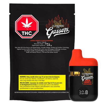 Front-facing shot of the Gassers Lemon Cherry G Liquid Diamonds Disposable Vape and its black resealable pouch, the compact black and red device shown at right beside the branded packaging.
