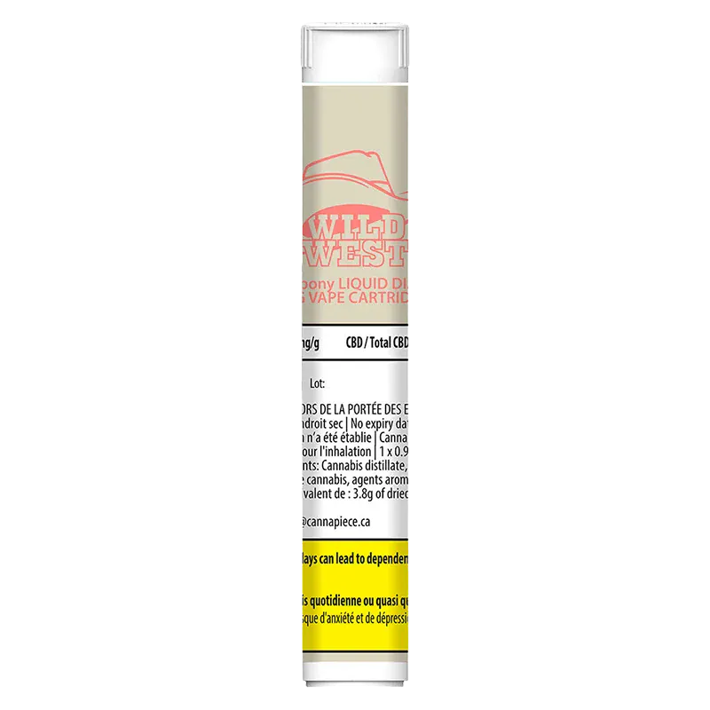 Tall vertical product shot of the Wild West 96+ Peach Pony Liquid Diamonds Vape Cartridge showing its beige label, red logo and small warning text.