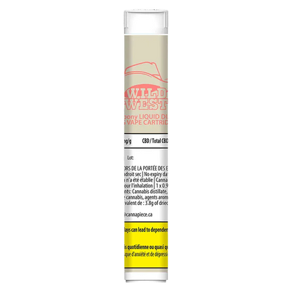 Tall vertical product shot of the Wild West 96+ Peach Pony Liquid Diamonds Vape Cartridge showing its beige label, red logo and small warning text.
