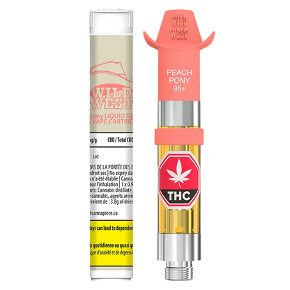 Straight-on product shot of the 96+ Peach Pony Liquid Diamonds Vape Cartridge showing its coral cowboy-hat mouthpiece, clear cartridge body with amber oil and a red THC label alongside the labeled white tube.