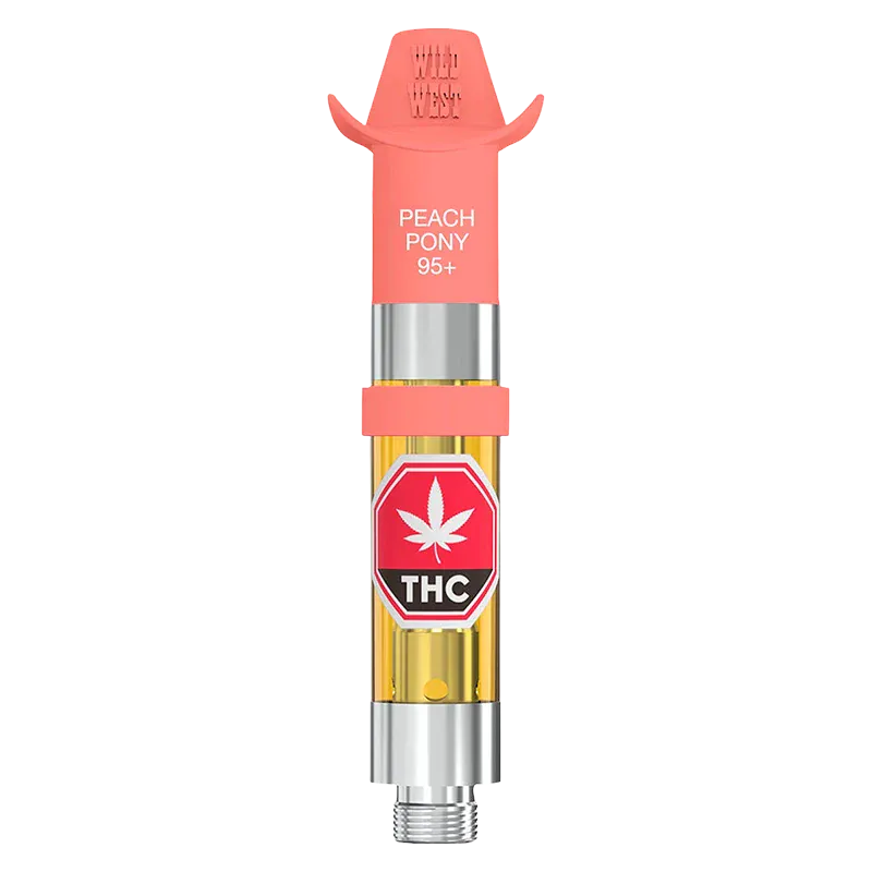 Vertical front view of a 96+ Peach Pony Liquid Diamonds Vape Cartridge showing a peach-colored mouthpiece, clear oil chamber with a red THC leaf label, and silver metal base