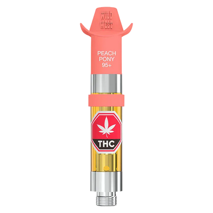 Vertical front view of a 96+ Peach Pony Liquid Diamonds Vape Cartridge showing a peach-colored mouthpiece, clear oil chamber with a red THC leaf label, and silver metal base