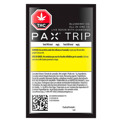 Front-facing product label for Trip Blueberry OG Live Rosin with Diamonds Disposable Vape showing a black background, prominent THC octagon, yellow warning block and fine print.