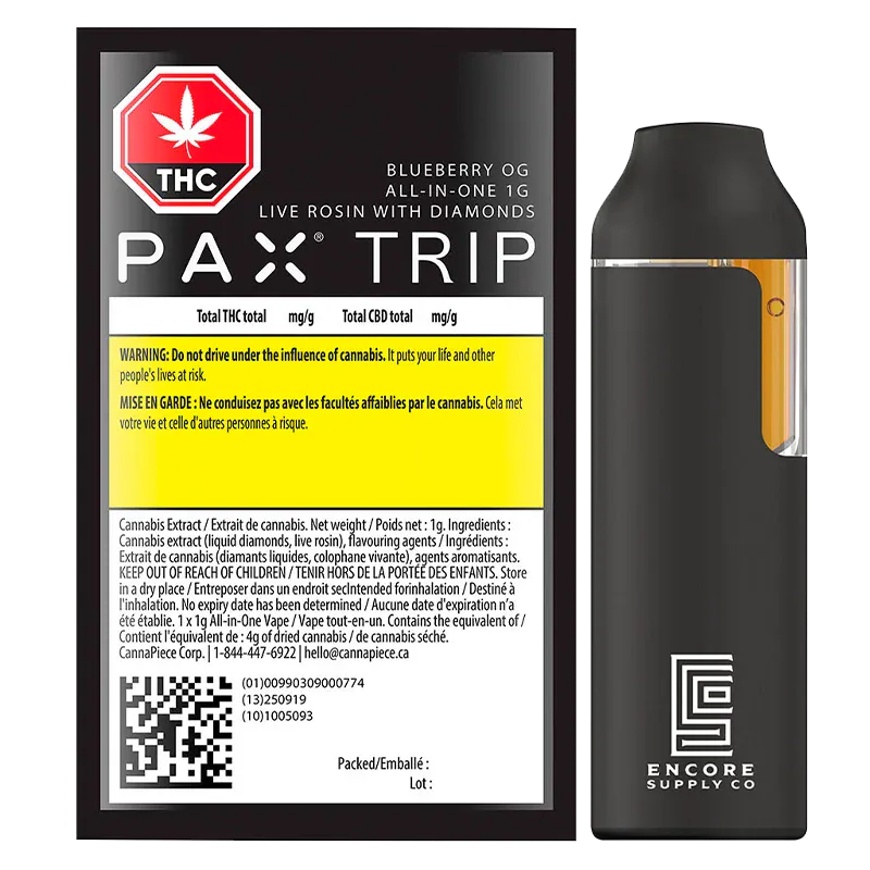 Front-facing shot of the Trip Blueberry OG Live Rosin with Diamonds Disposable Vape showing the black vape device with amber cartridge window beside its labeled black and yellow packaging.