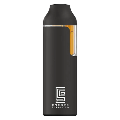 Straight-on view of a black Trip Blueberry OG Live Rosin with Diamonds Disposable Vape showing its matte body, clear cartridge window with amber oil, and Encore Supply Co logo.