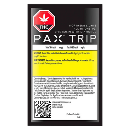 Straight-on view of the Trip Northern Lights Live Rosin with Diamonds Disposable Vape packaging, black label with white text and a yellow warning block.