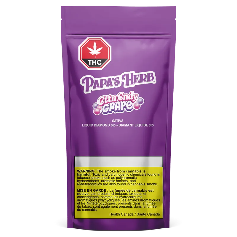 Front-facing shot of a purple pouch labeled CttnCndy Grape Liquid Diamond Disposable Vape with bold "Papa's Herb" logo and a yellow health warning.