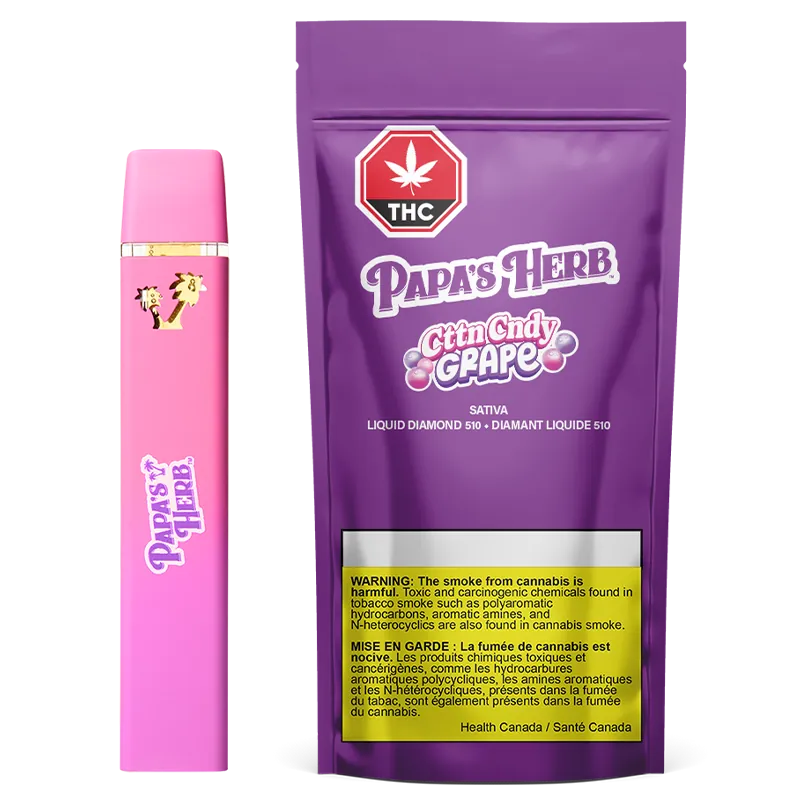 Front-facing shot of a pink CttnCndy Grape Liquid Diamond Disposable Vape placed beside its purple Papa's Herb CttnCndy Grape packaging.