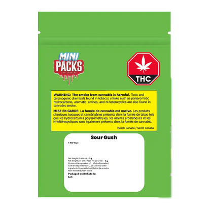 Rear view of the green packaging showing the Sour Gush Disposable Vape branding, warning label, and THC stop-sign logo