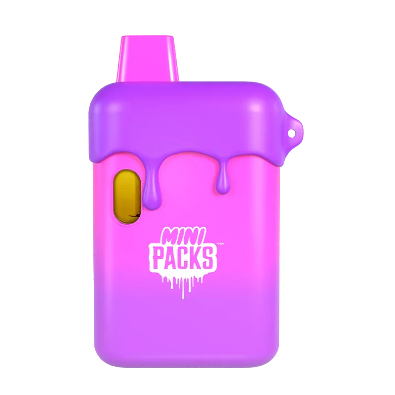 Front-facing shot of a pink and purple dripping device labeled Sour Gush Disposable Vape with a small oval window and "MINI PACKS" graphic.