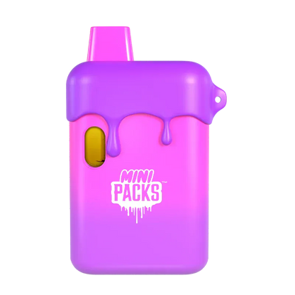 Front-facing shot of a pink and purple dripping device labeled Sour Gush Disposable Vape with a small oval window and "MINI PACKS" graphic.
