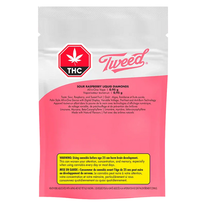Front-facing shot of a pink and white pouch labeled Tweed Sour Raspberry Disposable Vape with THC icon and warning box at the bottom