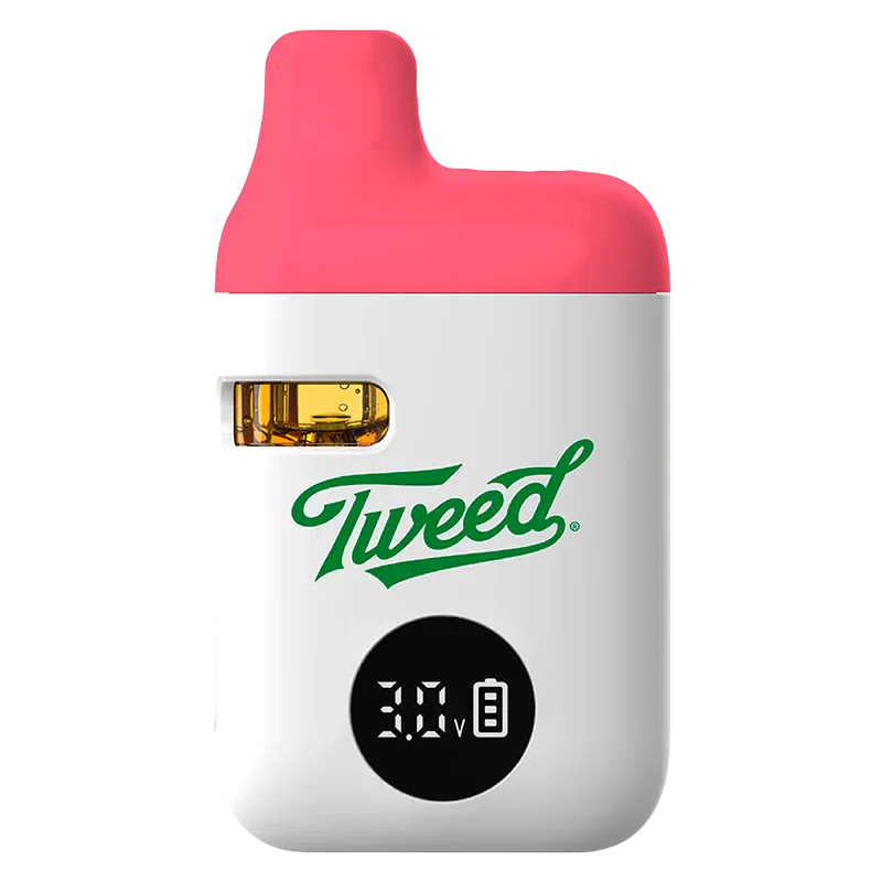 Front view of the Sour Raspberry Disposable Vape showing a white body with green "Tweed" logo, pink mouthpiece, cartridge window, and digital display.