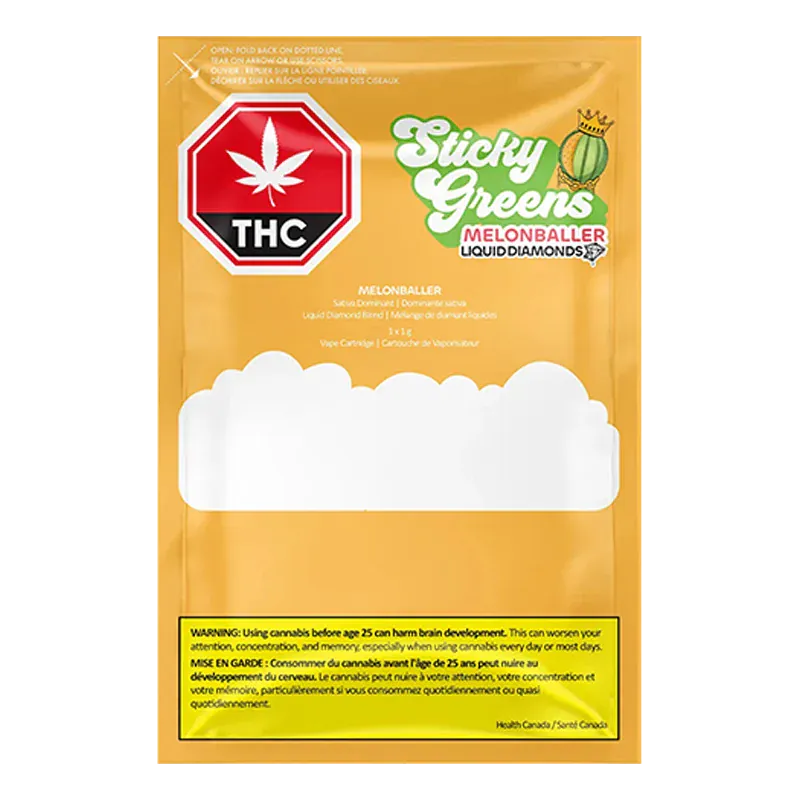 Flat front view of a yellow pouch labeled Sticky Greens Melonballer Liquid Diamond Vape Cartridge with a red THC stop sign and white cloud graphic