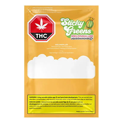 Flat front view of a yellow pouch labeled Sticky Greens Melonballer Liquid Diamond Vape Cartridge with a red THC stop sign and white cloud graphic