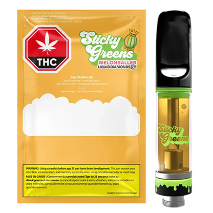 Right-side close-up of the Melonballer Liquid Diamond Vape Cartridge by Sticky Greens showing the clear golden liquid chamber and black mouthpiece next to yellow branded packaging.
