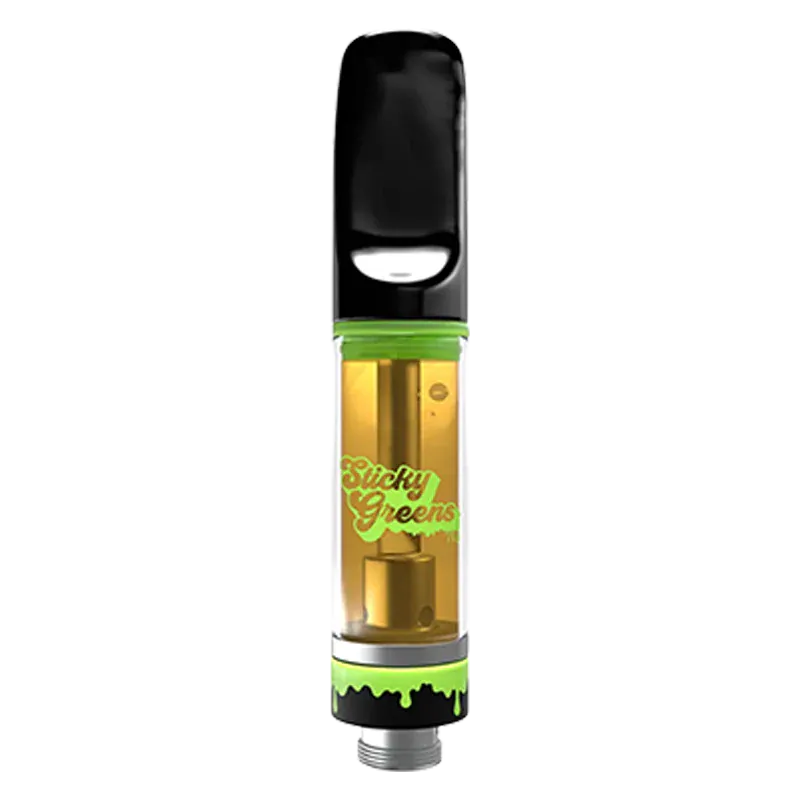 Straight-on view of a filled Melonballer Liquid Diamond Vape Cartridge with a black mouthpiece, green accents and translucent golden cartridge body.