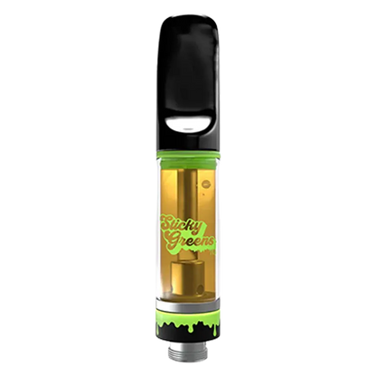 Straight-on view of a filled Melonballer Liquid Diamond Vape Cartridge with a black mouthpiece, green accents and translucent golden cartridge body.
