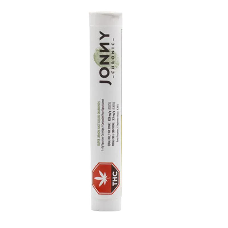 Tall front-facing tube labeled "Jonny Chronic Super Lemon Haze Liquid Diamonds Vape Cartridge" centered on a white background with a red THC octagon near the base