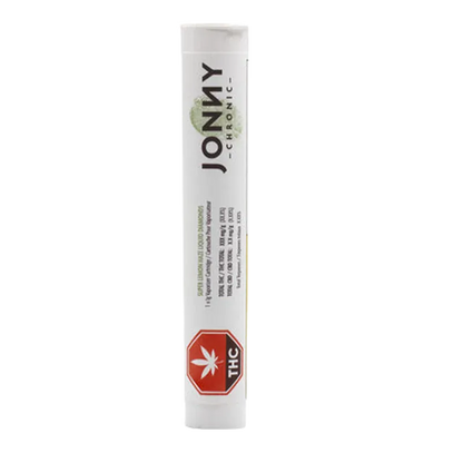 Tall front-facing tube labeled "Jonny Chronic Super Lemon Haze Liquid Diamonds Vape Cartridge" centered on a white background with a red THC octagon near the base