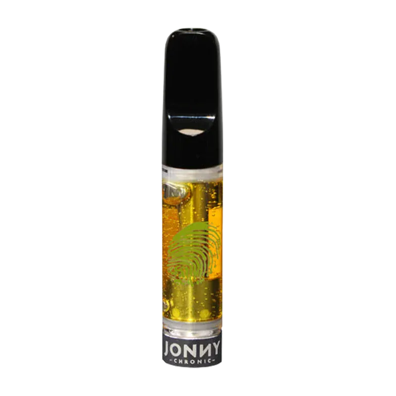 Straight-on view of the Super Lemon Haze Liquid Diamonds Vape Cartridge showing a clear cylinder of golden oil with a green fingerprint logo and a black mouthpiece.