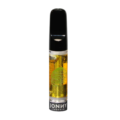 Straight-on view of the Super Lemon Haze Liquid Diamonds Vape Cartridge showing a clear cylinder of golden oil with a green fingerprint logo and a black mouthpiece.