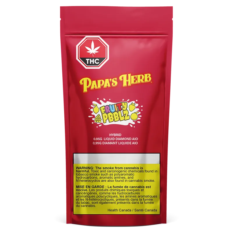 Front-facing image of the red pouch packaging for Fruity Pbblz Liquid Diamond Disposable Vape showing the Papa's Herb logo, THC symbol, colorful fruit graphic, and a yellow warning panel.