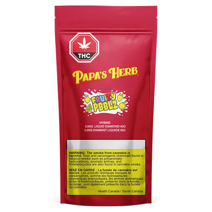 Front-facing image of the red pouch packaging for Fruity Pbblz Liquid Diamond Disposable Vape showing the Papa's Herb logo, THC symbol, colorful fruit graphic, and a yellow warning panel.