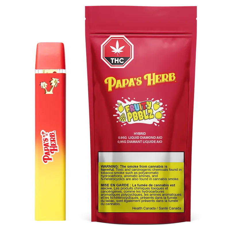 Front-facing image of a red and yellow device beside a matching red pouch labeled "Fruity Pbblz Liquid Diamond Disposable Vape" showing brand logo, THC symbol, and a yellow warning box.