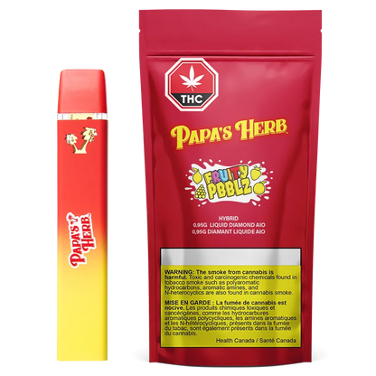 Front-facing image of a red and yellow device beside a matching red pouch labeled "Fruity Pbblz Liquid Diamond Disposable Vape" showing brand logo, THC symbol, and a yellow warning box.